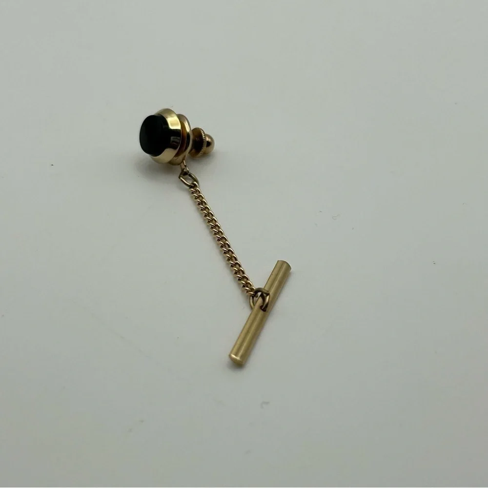 Men's Round Faux Black Stone Tie Tack with Gold Tone Chain Classic Elegant